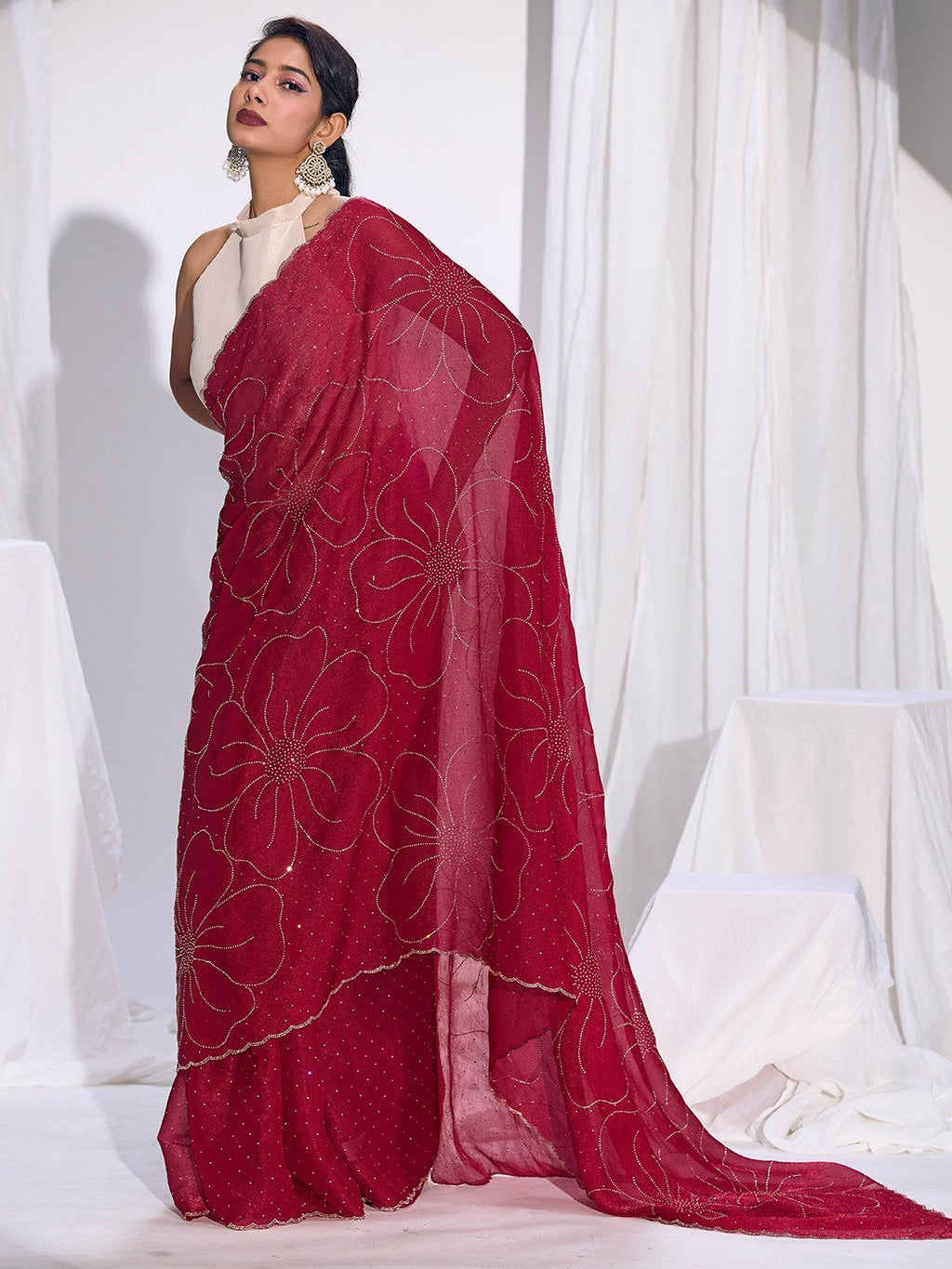 Stunning Cherry Red Satin Silk Saree Highlighting Floral Stone Work Craftsmanship