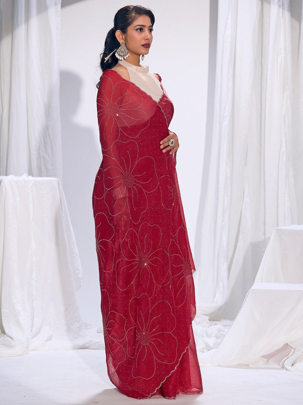 Stunning Cherry Red Satin Silk Saree Highlighting Floral Stone Work Craftsmanship