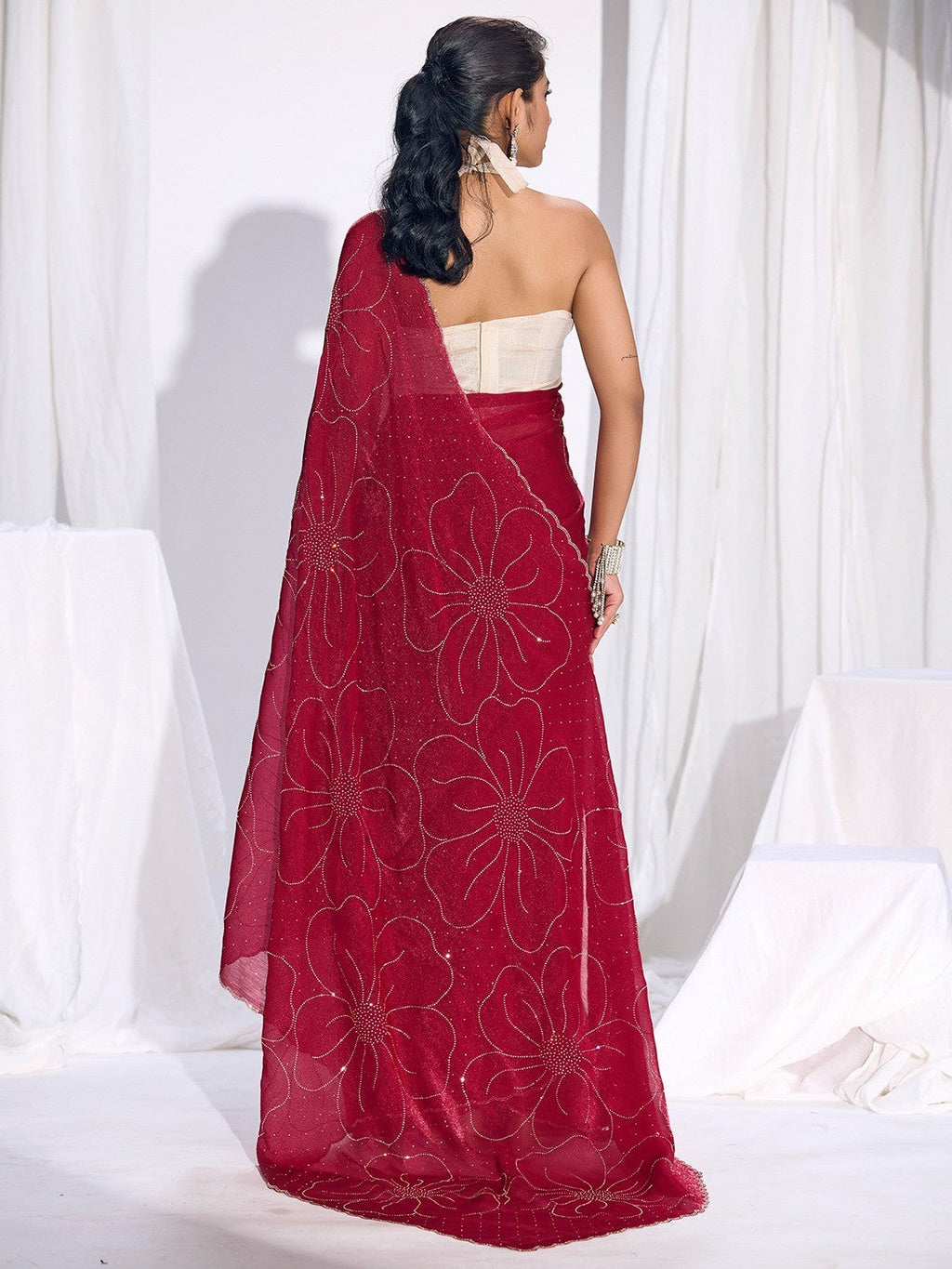 Stunning Cherry Red Satin Silk Saree Highlighting Floral Stone Work Craftsmanship