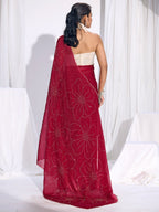 Stunning Cherry Red Satin Silk Saree Highlighting Floral Stone Work Craftsmanship