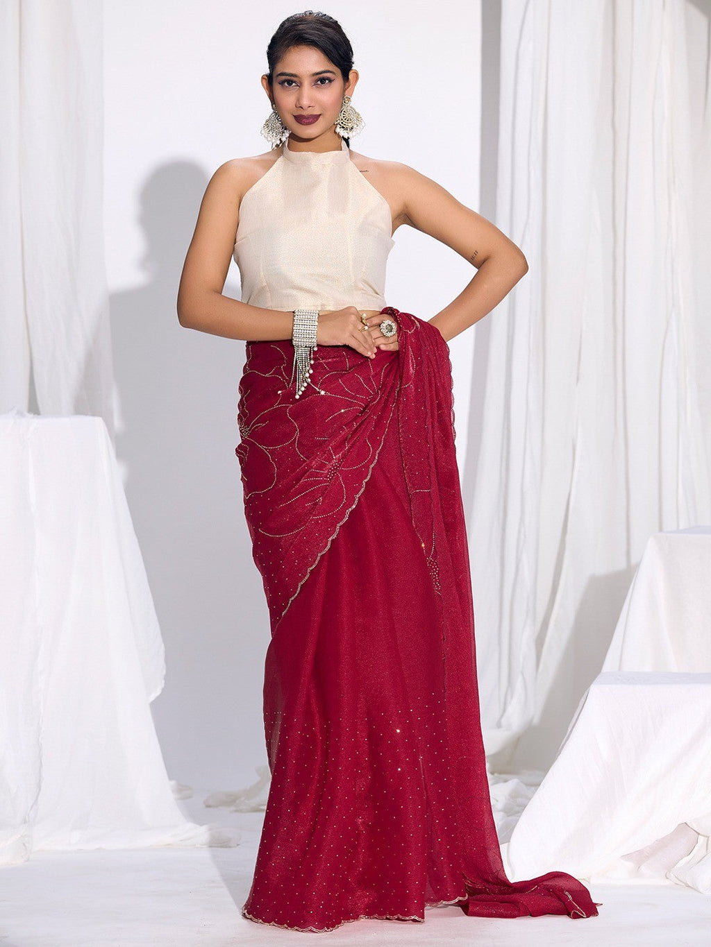 Stunning Cherry Red Satin Silk Saree Highlighting Floral Stone Work Craftsmanship