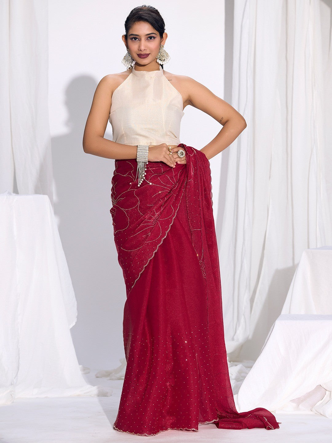 Stunning Cherry Red Satin Silk Saree Highlighting Floral Stone Work Craftsmanship