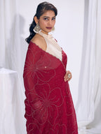 Stunning Cherry Red Satin Silk Saree Highlighting Floral Stone Work Craftsmanship