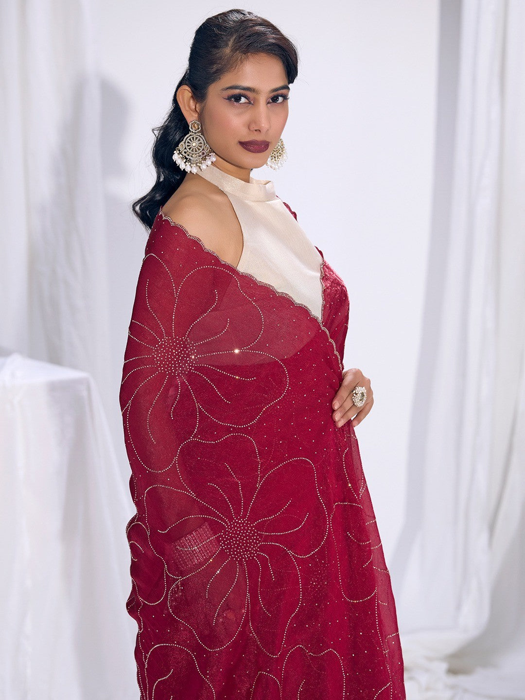 Stunning Cherry Red Satin Silk Saree Highlighting Floral Stone Work Craftsmanship