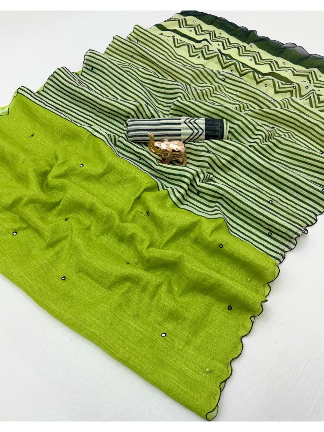 Stylish Green Linen Saree with Multicolor Printed Motifs Minimal Elegant Look