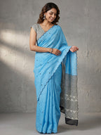Stylish Sky Blue Linen Saree with Multicolor Printed Motifs Minimal Elegant Look