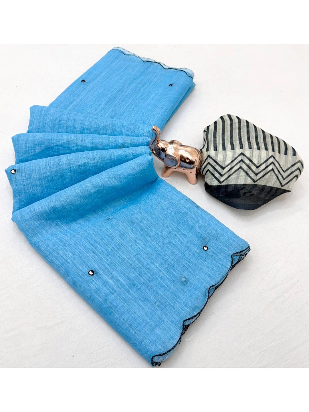 Stylish Sky Blue Linen Saree with Multicolor Printed Motifs Minimal Elegant Look