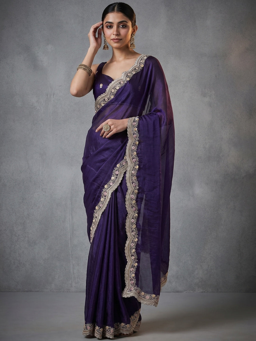 Elegant Purple Satin Saree with Embellished Border for Festive Occasions