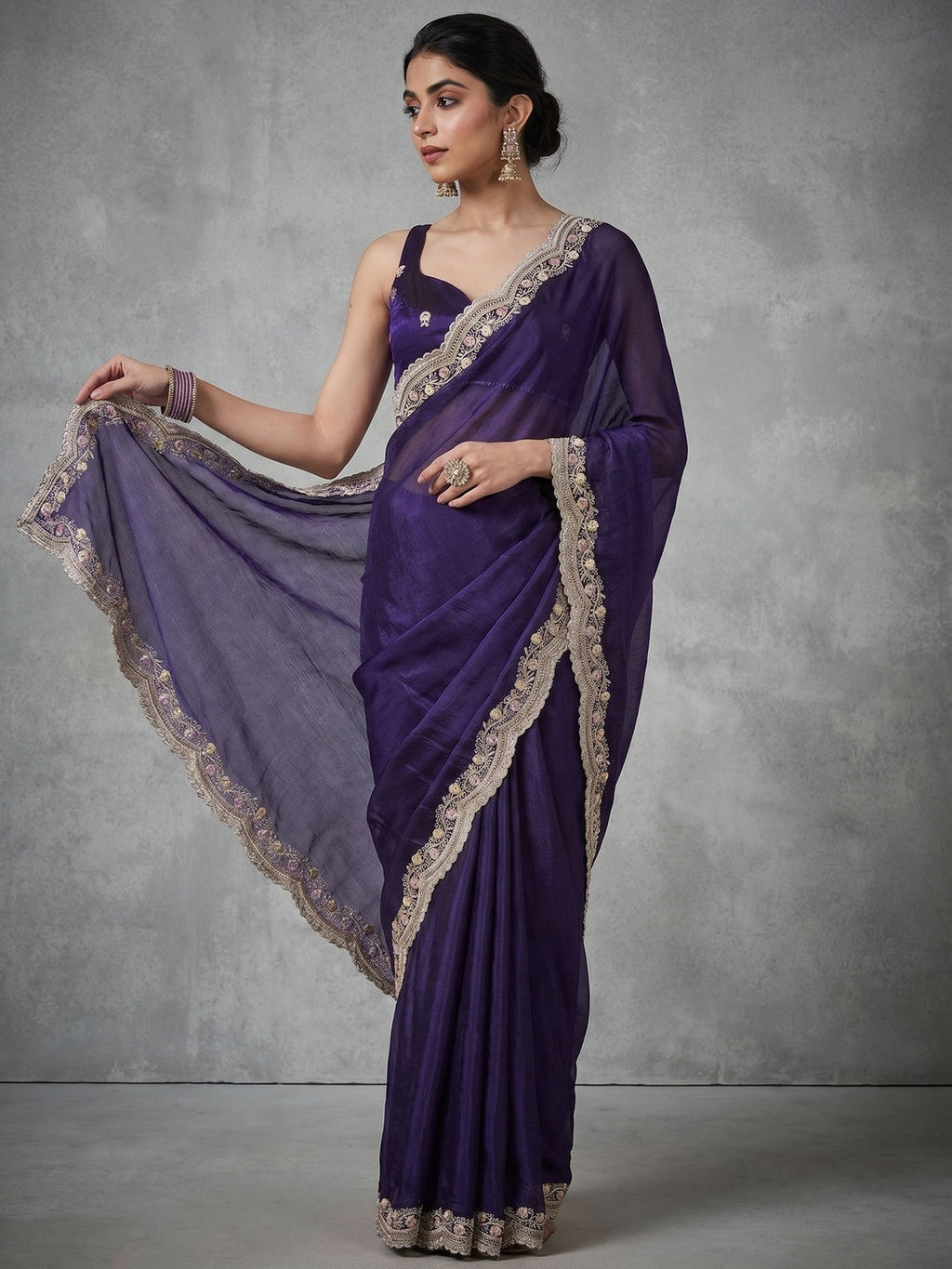 Elegant Purple Satin Saree with Embellished Border for Festive Occasions