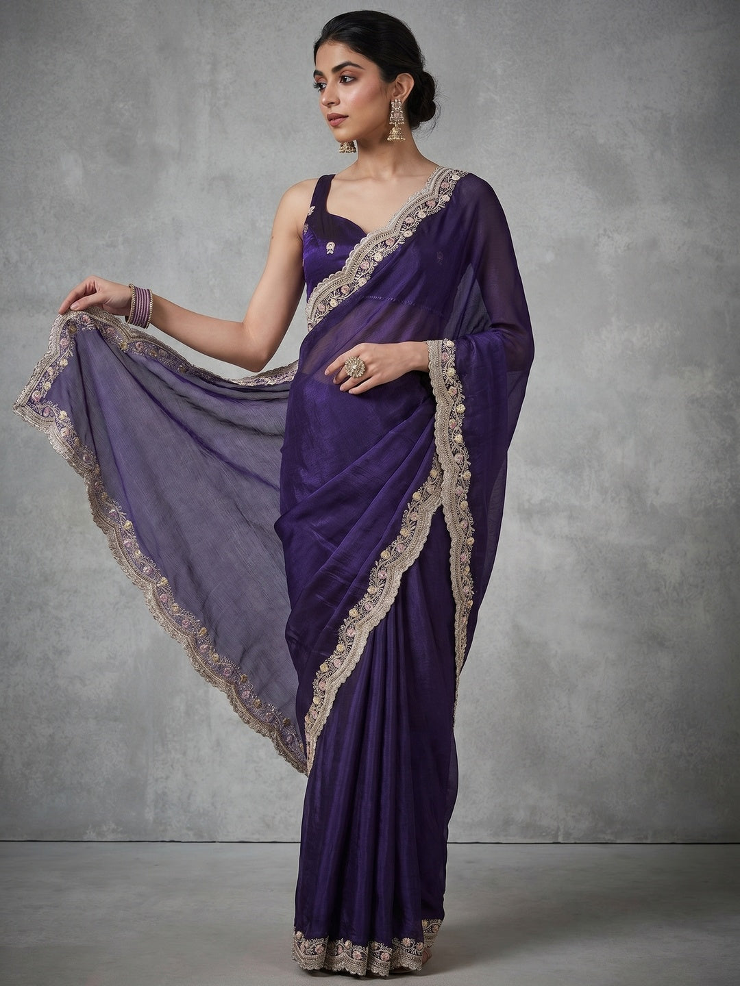 Elegant Purple Satin Saree with Embellished Border for Festive Occasions