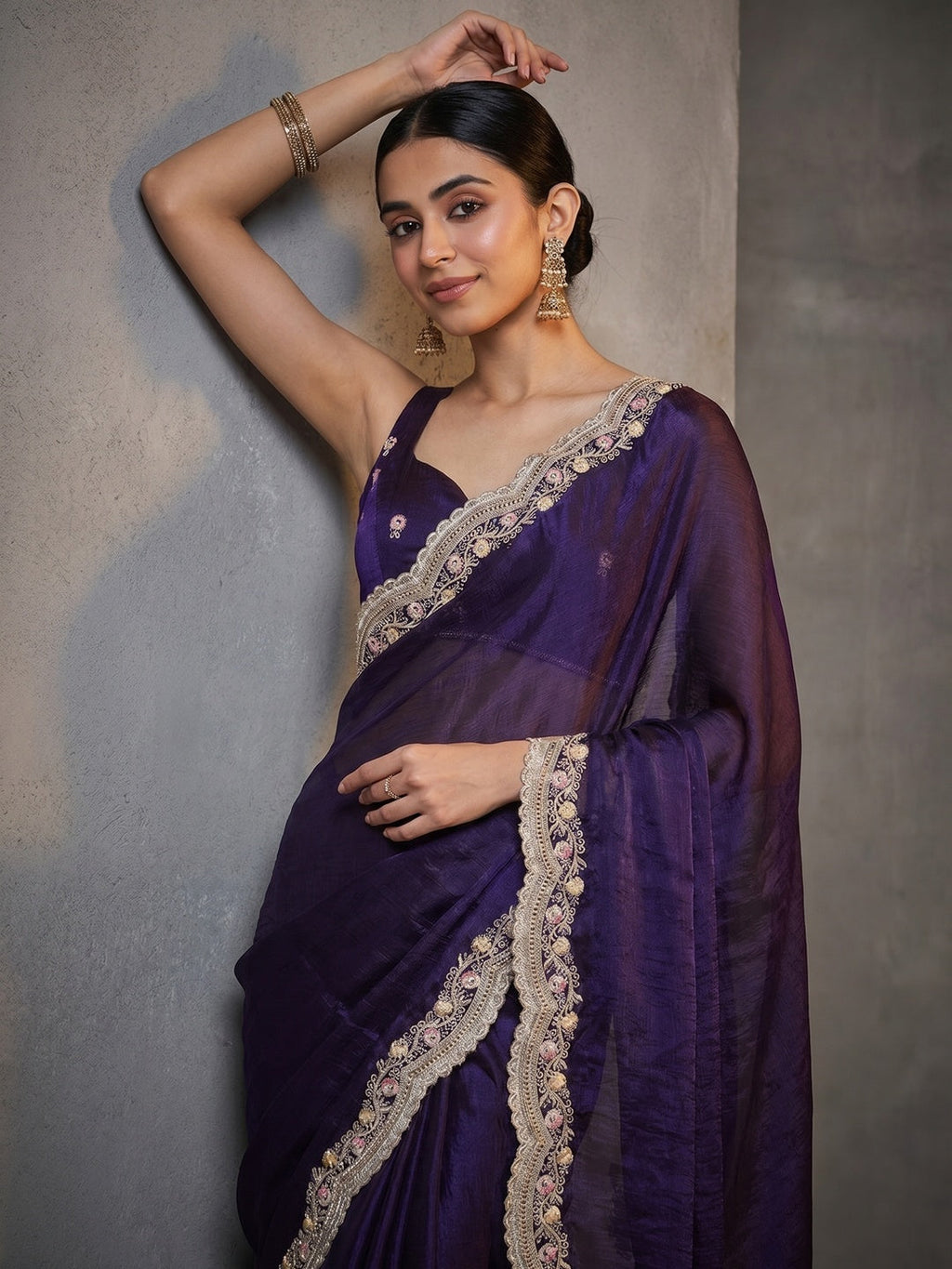 Elegant Purple Satin Saree with Embellished Border for Festive Occasions