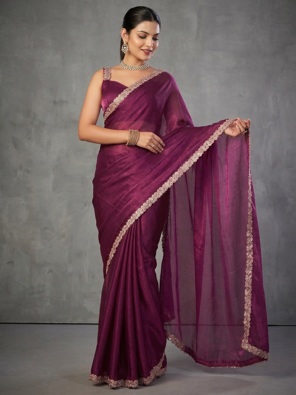 Elegant Magenta Satin Saree with Embellished Border Stylish Evening Wear