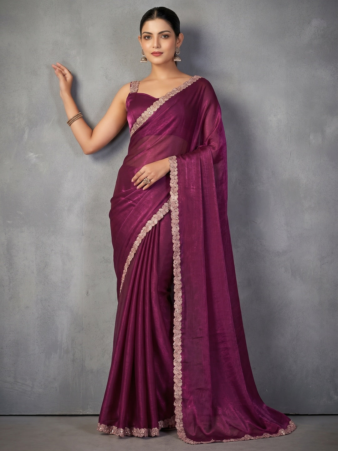 Elegant Magenta Satin Saree with Embellished Border Stylish Evening Wear