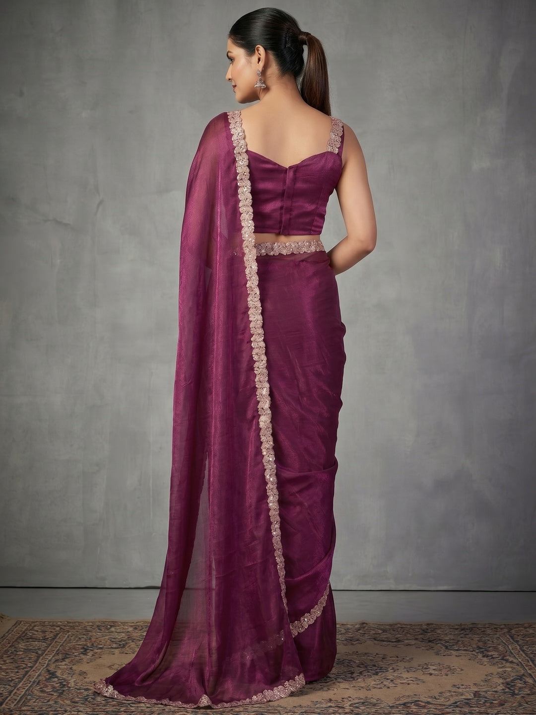 Elegant Magenta Satin Saree with Embellished Border Stylish Evening Wear