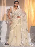Elegant Cream Satin Silk Saree Featuring Floral Design & Stone Work Embellishment