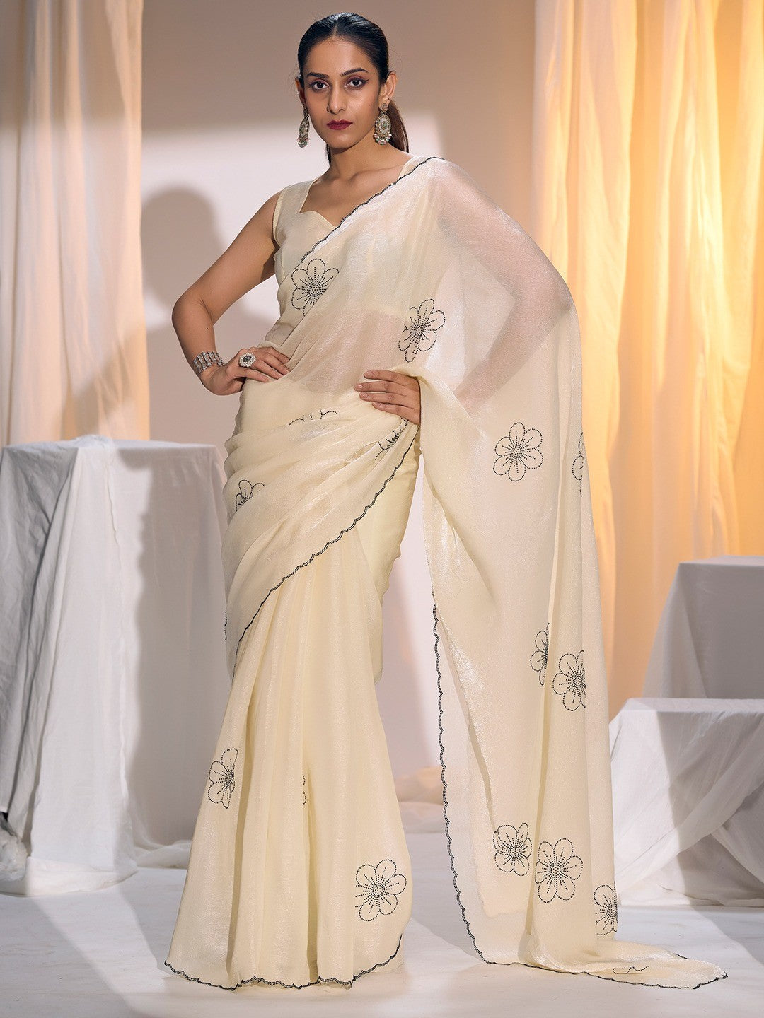 Elegant Cream Satin Silk Saree Featuring Floral Design & Stone Work Embellishment