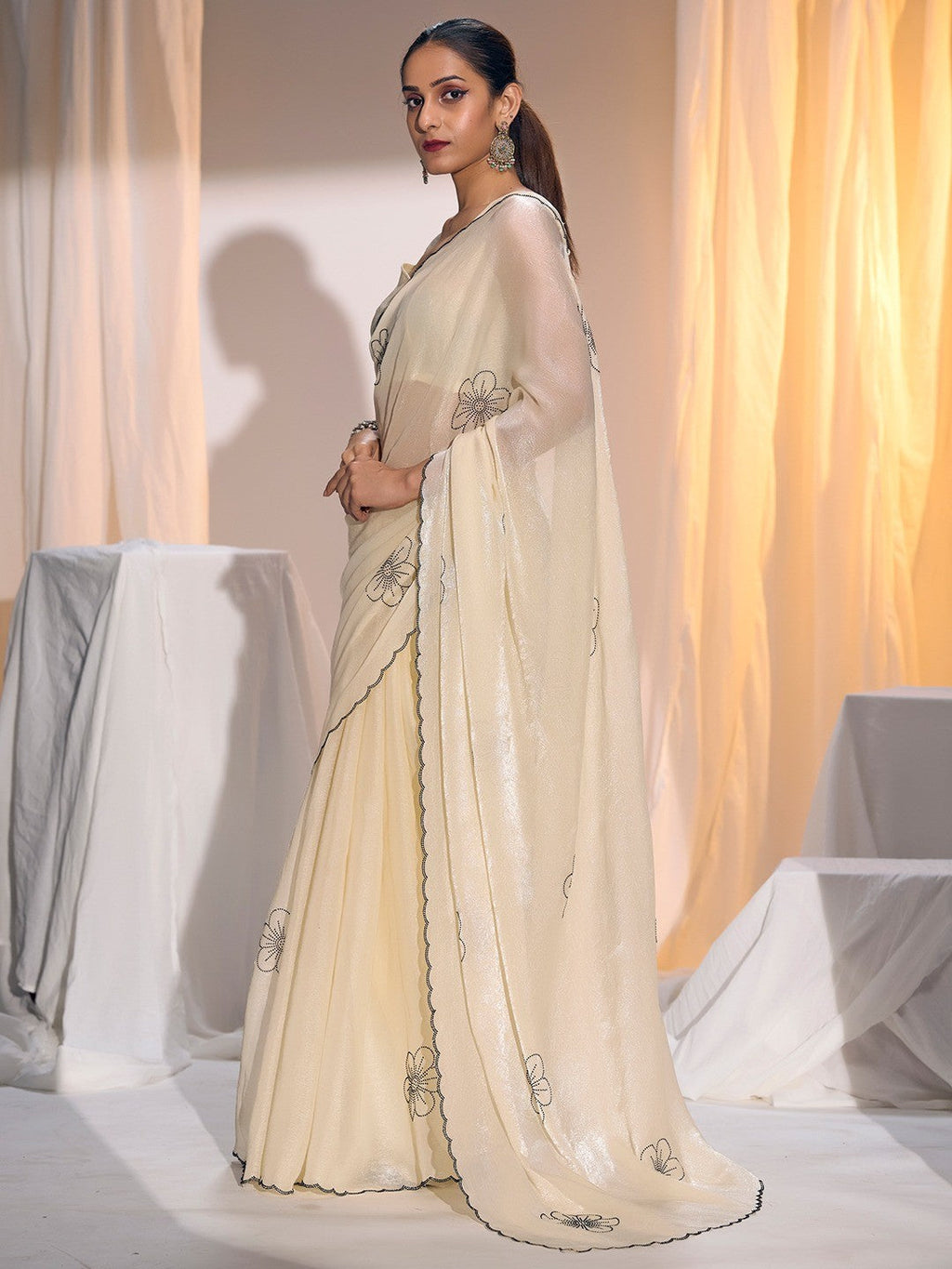 Elegant Cream Satin Silk Saree Featuring Floral Design & Stone Work Embellishment