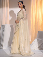 Elegant Cream Satin Silk Saree Featuring Floral Design & Stone Work Embellishment