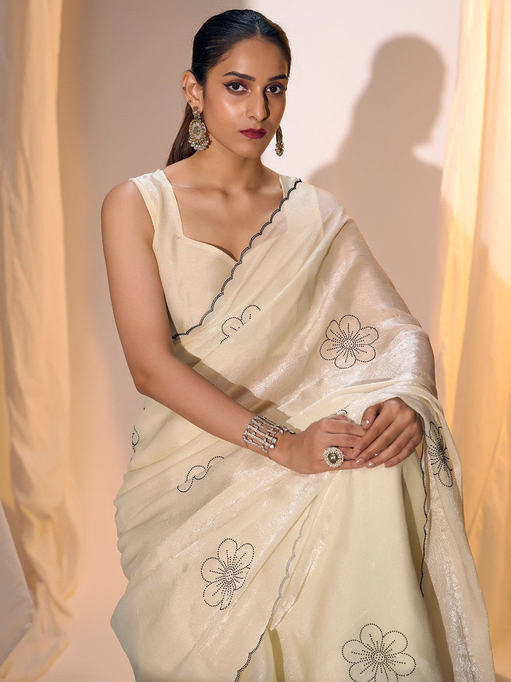 Elegant Cream Satin Silk Saree Featuring Floral Design & Stone Work Embellishment