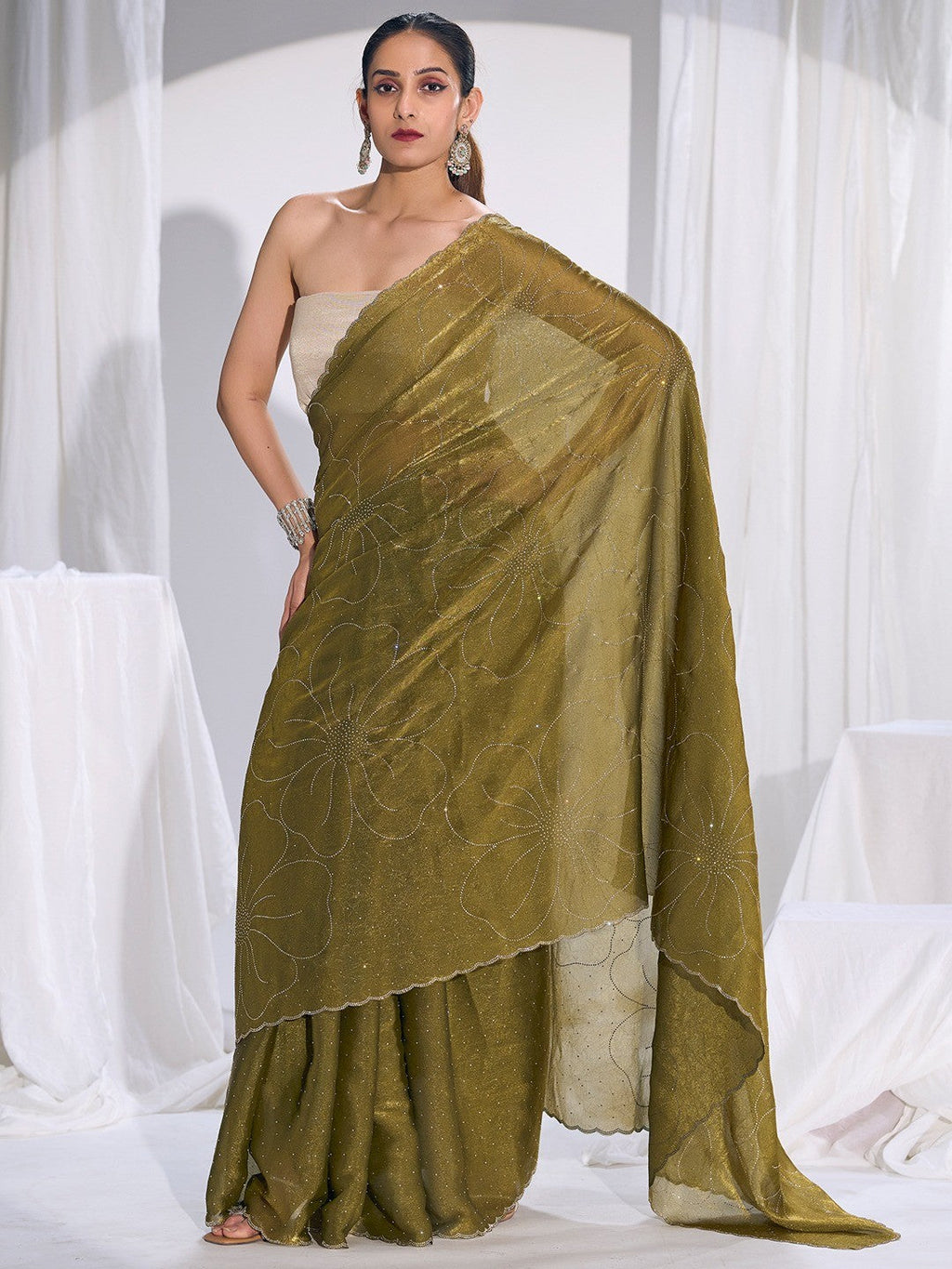 Stunning Olive Satin Silk Saree Highlighting Floral Stone Work Craftsmanship