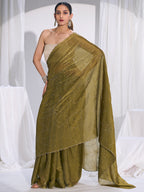 Stunning Olive Satin Silk Saree Highlighting Floral Stone Work Craftsmanship