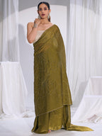Stunning Olive Satin Silk Saree Highlighting Floral Stone Work Craftsmanship