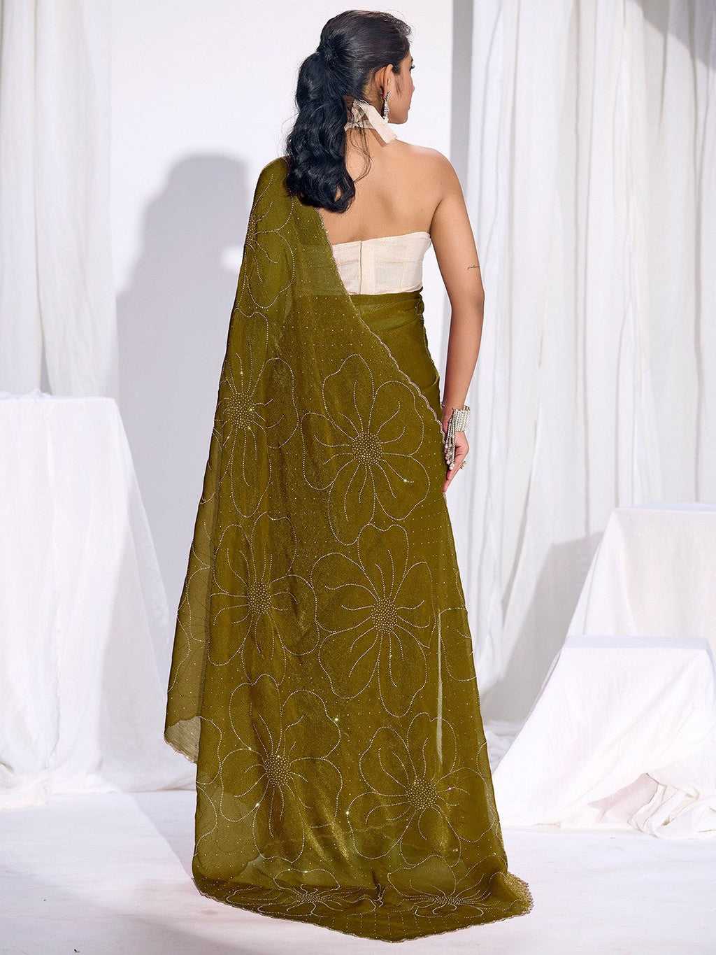 Stunning Olive Satin Silk Saree Highlighting Floral Stone Work Craftsmanship