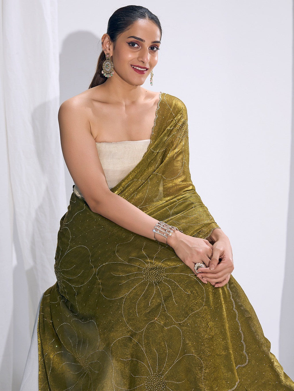 Stunning Olive Satin Silk Saree Highlighting Floral Stone Work Craftsmanship