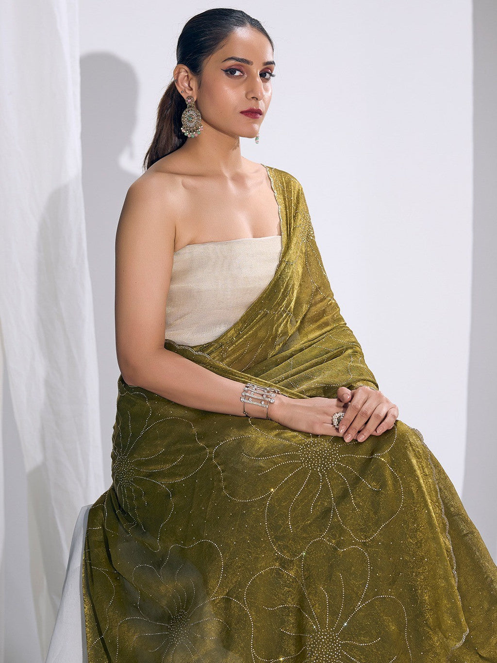 Stunning Olive Satin Silk Saree Highlighting Floral Stone Work Craftsmanship