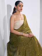 Stunning Olive Satin Silk Saree Highlighting Floral Stone Work Craftsmanship