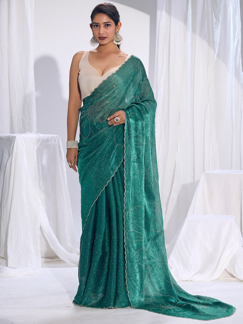 Stunning Teal Satin Silk Saree Highlighting Floral Stone Work Craftsmanship