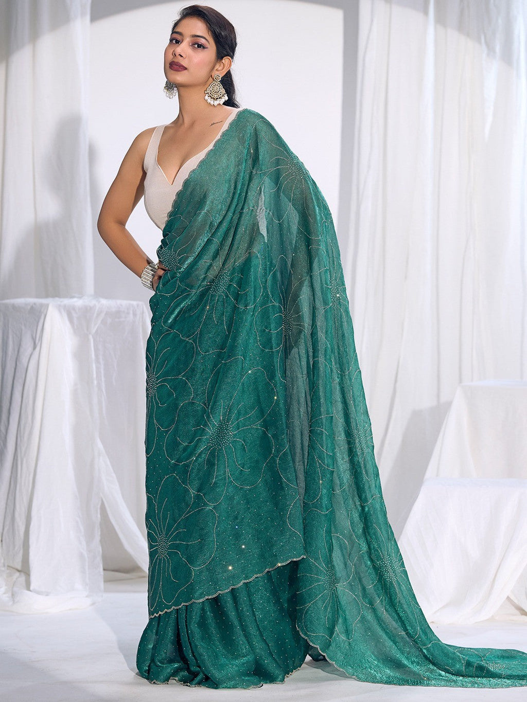 Stunning Teal Satin Silk Saree Highlighting Floral Stone Work Craftsmanship