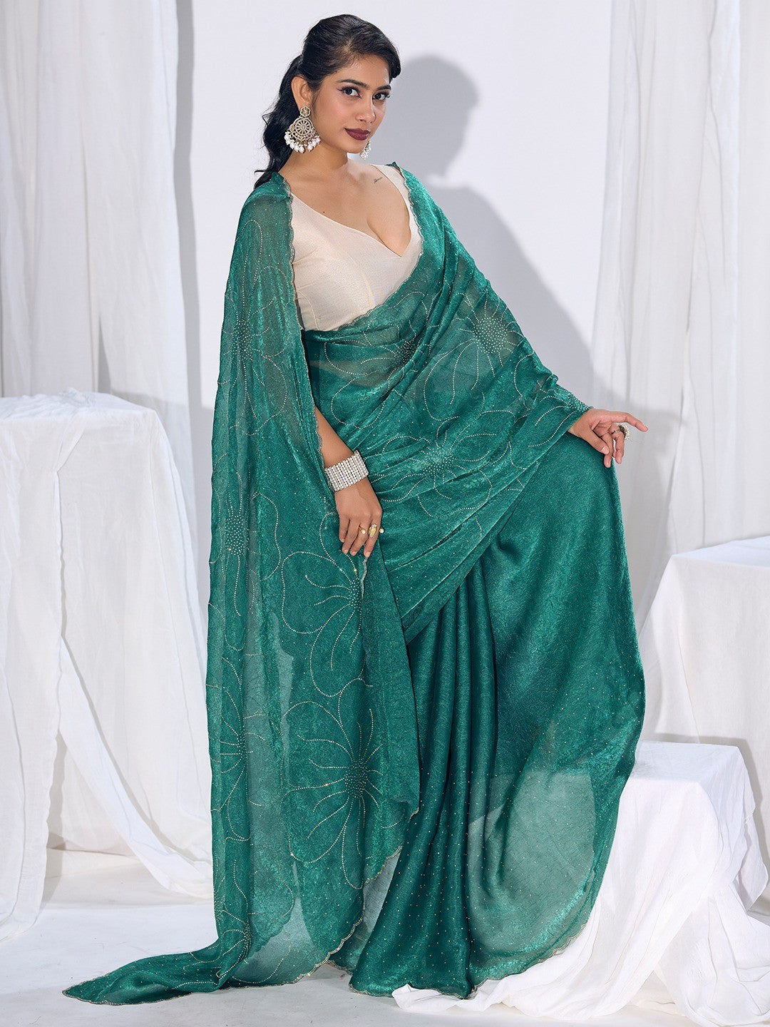 Stunning Teal Satin Silk Saree Highlighting Floral Stone Work Craftsmanship