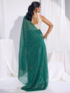 Stunning Teal Satin Silk Saree Highlighting Floral Stone Work Craftsmanship