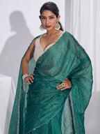 Stunning Teal Satin Silk Saree Highlighting Floral Stone Work Craftsmanship