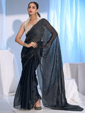Stunning Black Satin Silk Saree Highlighting Floral Stone Work Craftsmanship