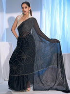 Stunning Black Satin Silk Saree Highlighting Floral Stone Work Craftsmanship