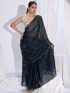 Stunning Black Satin Silk Saree Highlighting Floral Stone Work Craftsmanship