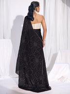 Stunning Black Satin Silk Saree Highlighting Floral Stone Work Craftsmanship