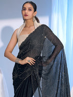 Stunning Black Satin Silk Saree Highlighting Floral Stone Work Craftsmanship