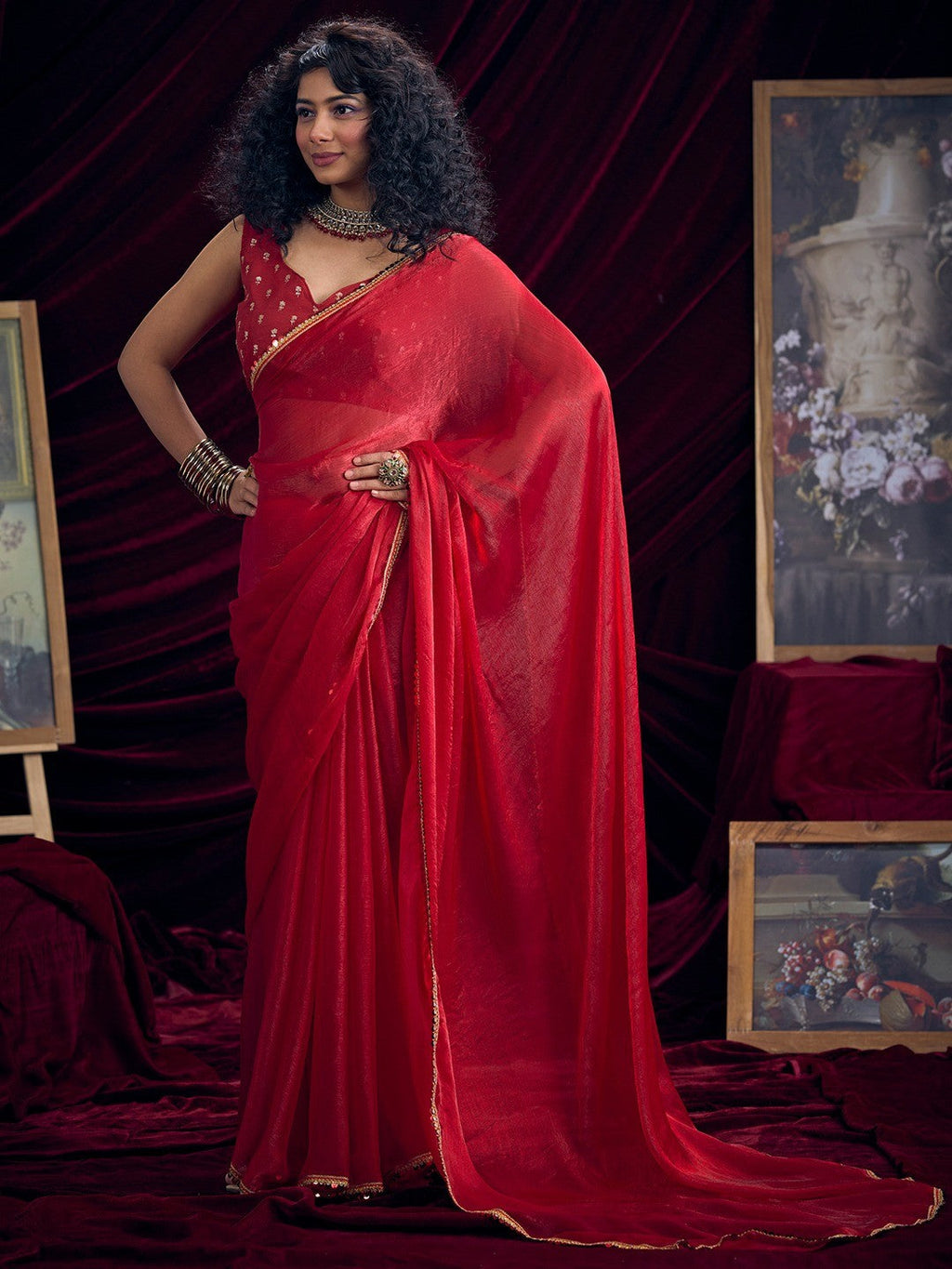 Classic Red Solid Art Silk Saree Featuring Sequins Embroidery & Gota Patti Lace Border