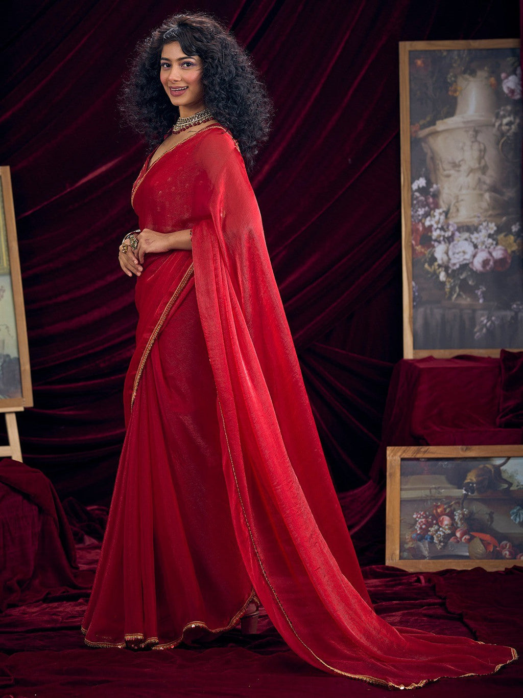 Classic Red Solid Art Silk Saree Featuring Sequins Embroidery & Gota Patti Lace Border
