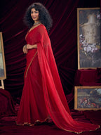 Classic Red Solid Art Silk Saree Featuring Sequins Embroidery & Gota Patti Lace Border