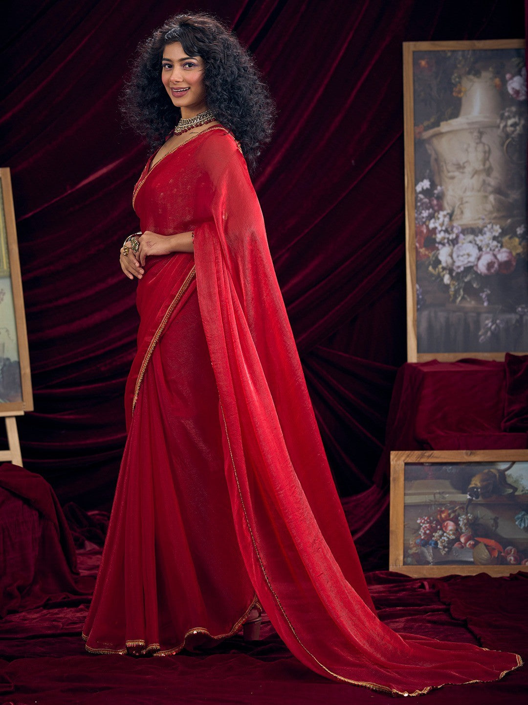 Classic Red Solid Art Silk Saree Featuring Sequins Embroidery & Gota Patti Lace Border