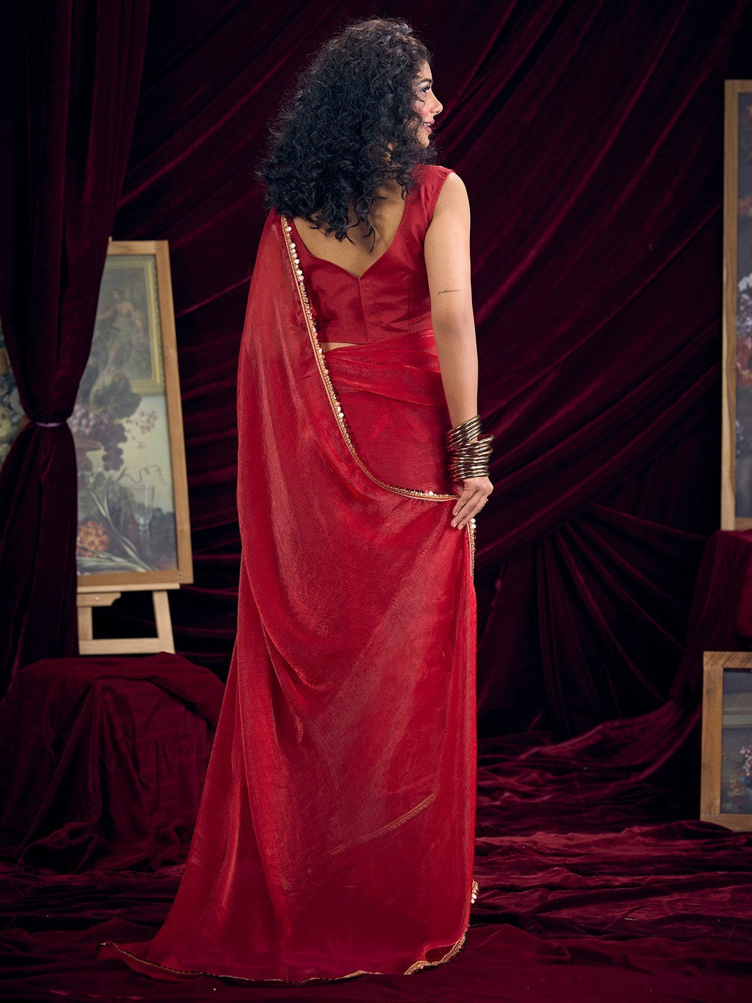Classic Red Solid Art Silk Saree Featuring Sequins Embroidery & Gota Patti Lace Border
