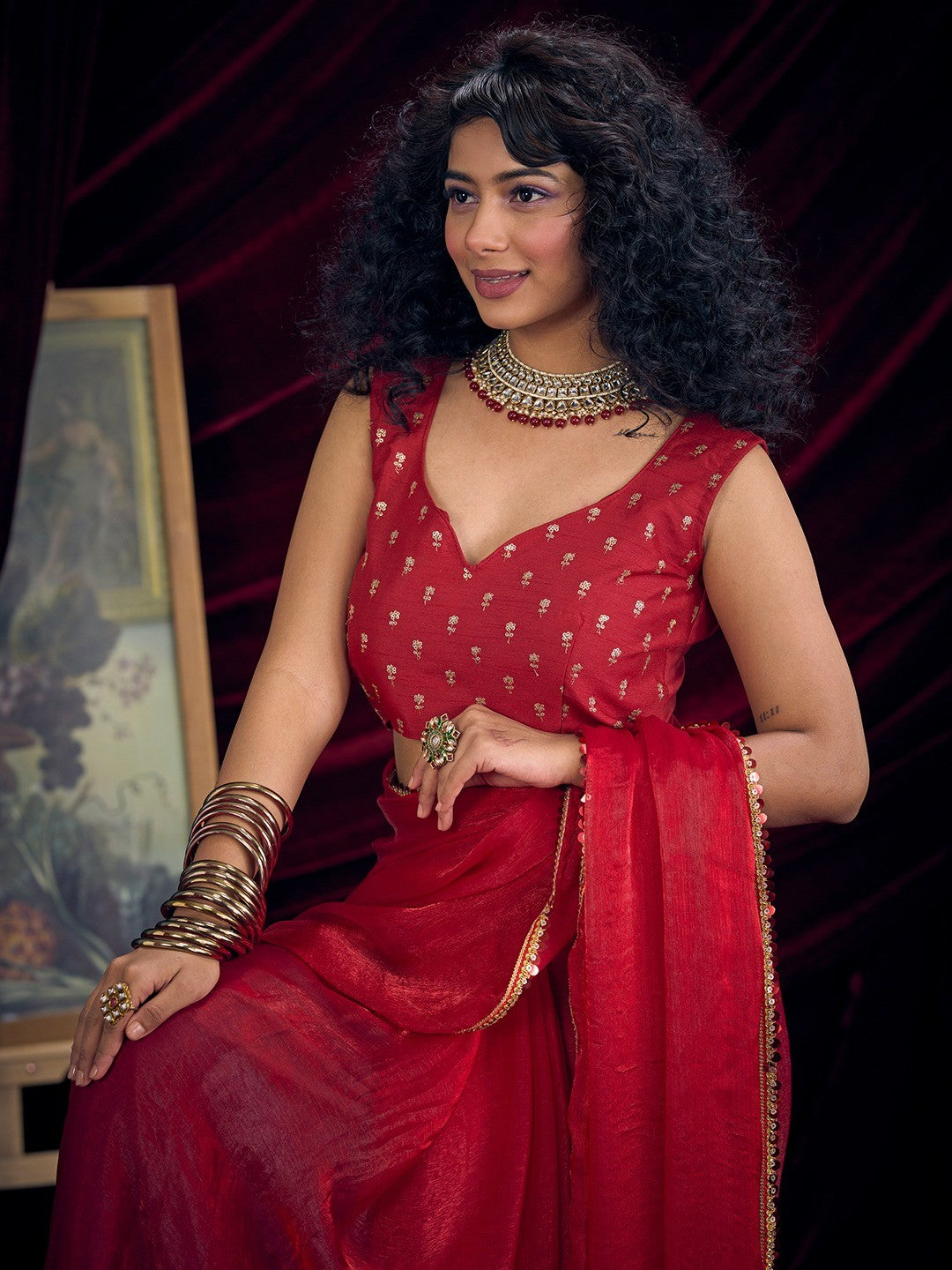 Classic Red Solid Art Silk Saree Featuring Sequins Embroidery & Gota Patti Lace Border