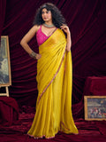 Classic Yellow Solid Art Silk Saree Featuring Sequins Embroidery & Gota Patti Lace Border