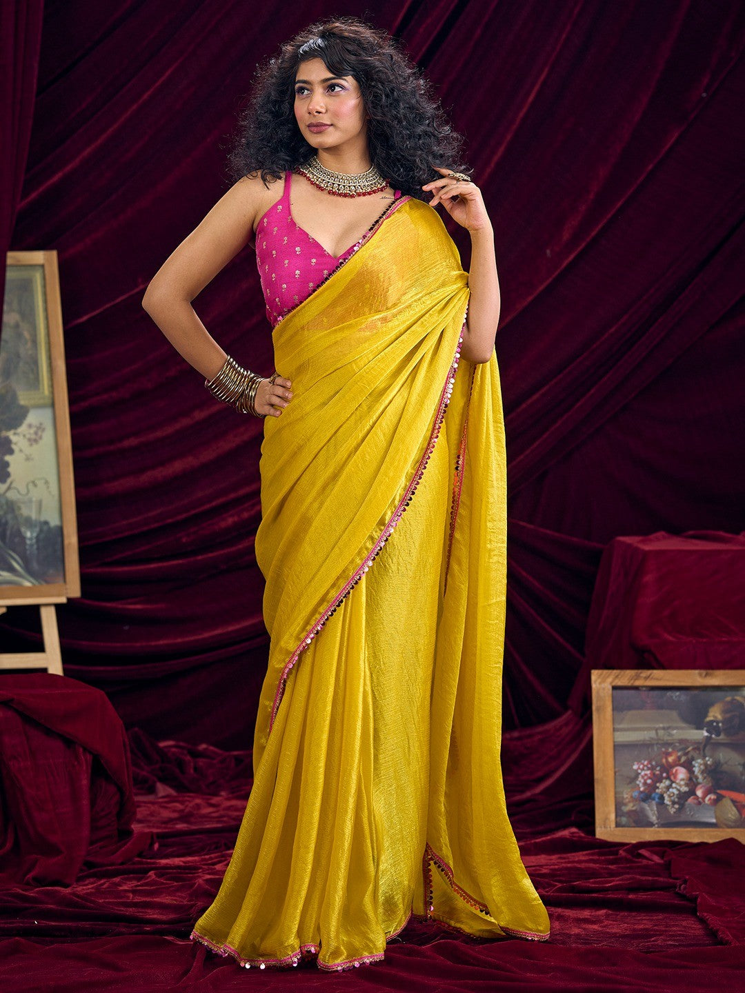 Classic Yellow Solid Art Silk Saree Featuring Sequins Embroidery & Gota Patti Lace Border