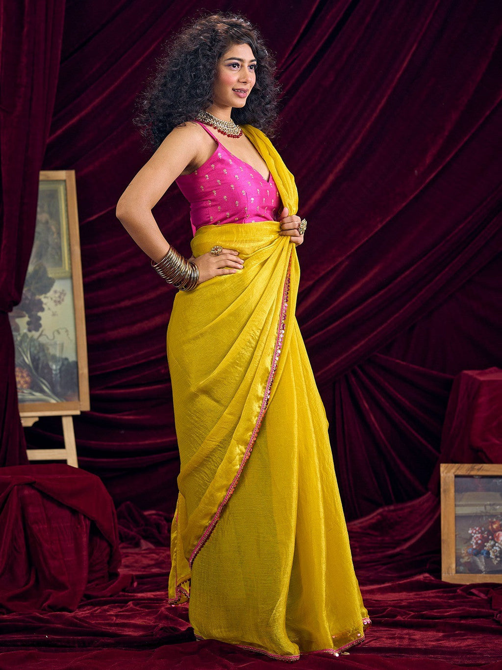 Classic Yellow Solid Art Silk Saree Featuring Sequins Embroidery & Gota Patti Lace Border