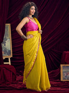 Classic Yellow Solid Art Silk Saree Featuring Sequins Embroidery & Gota Patti Lace Border